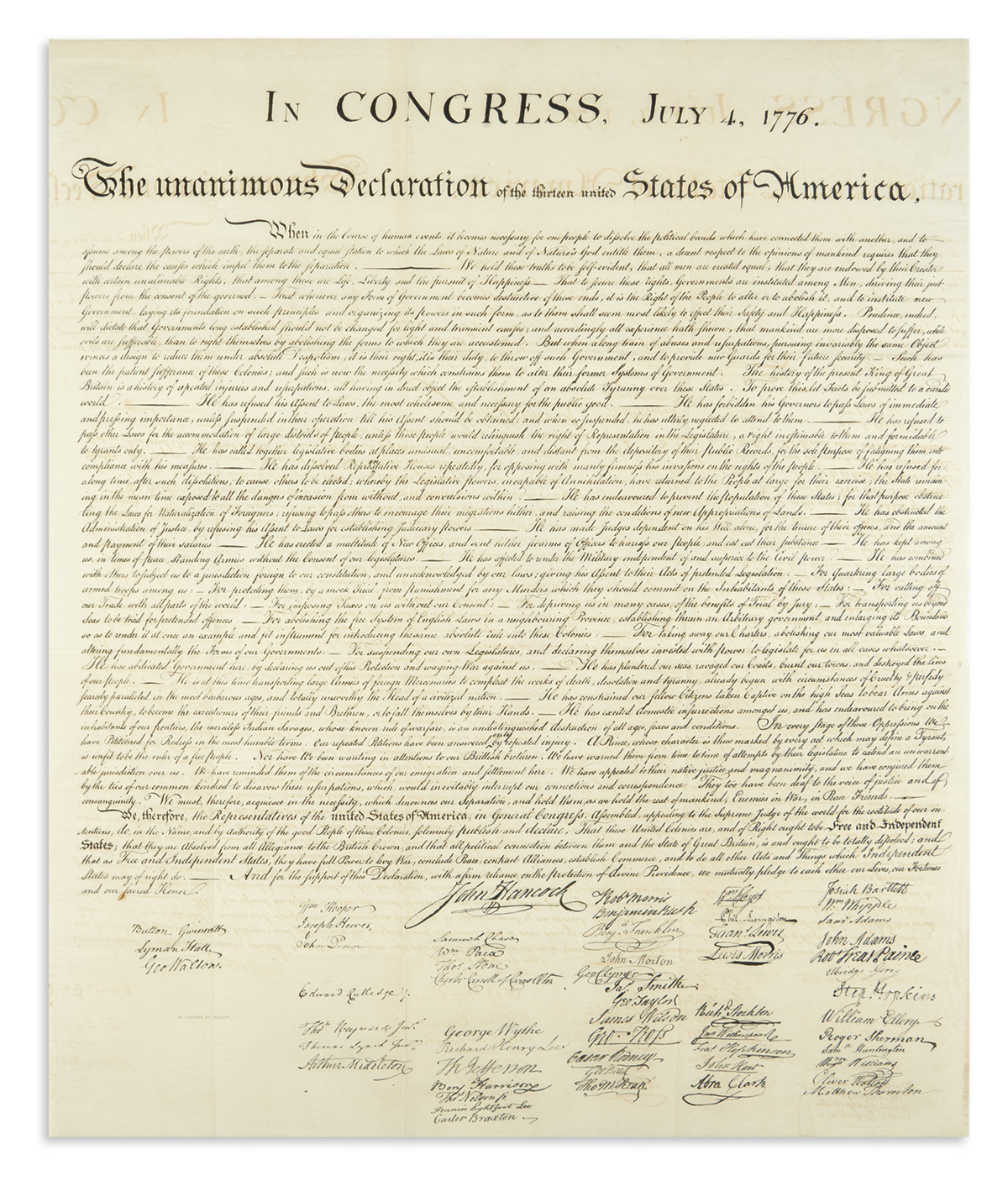(DECLARATION OF INDEPENDENCE.) Stone, William J.; engraver. In Congress, July 4, 1776. The Unanimous Declaration